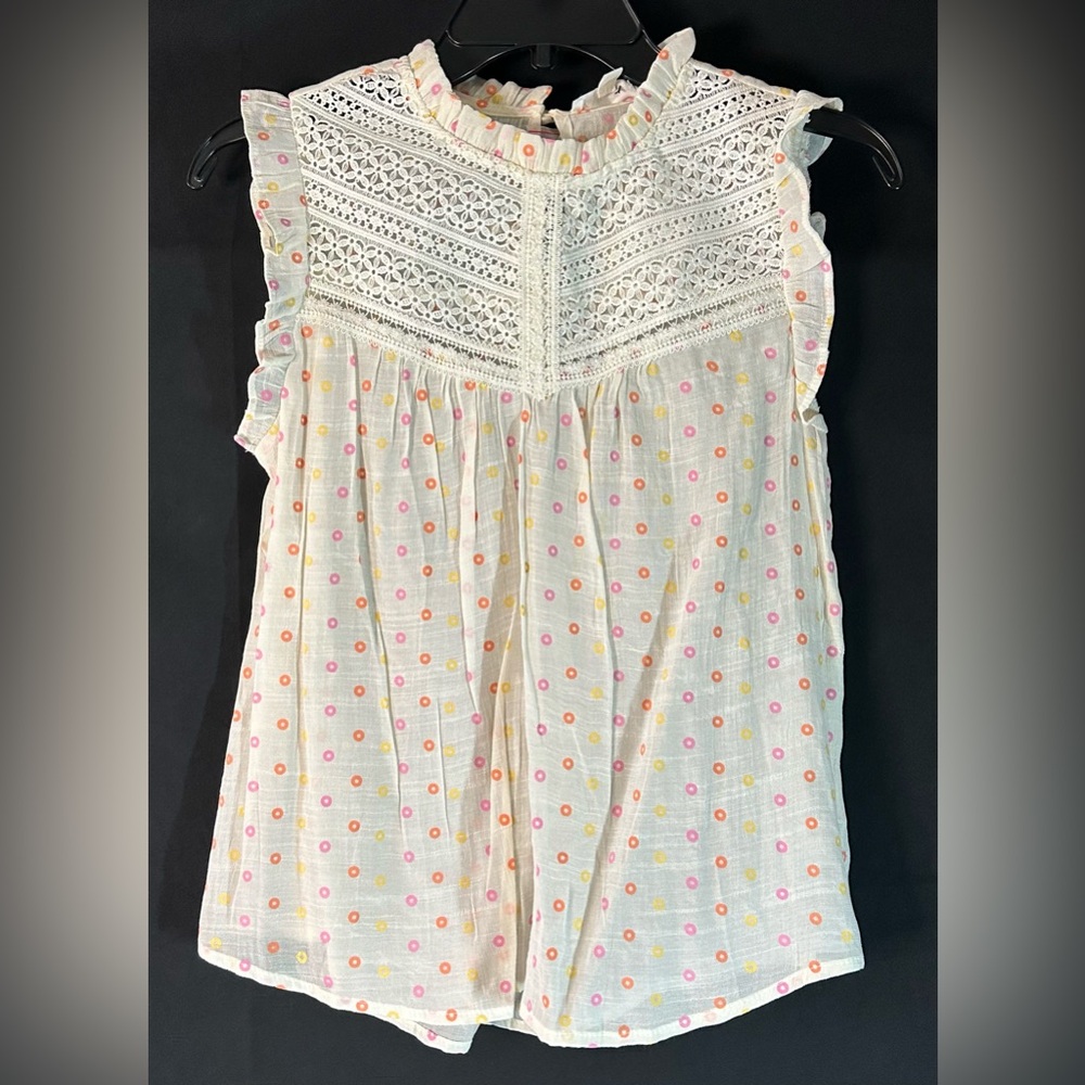 Mine Lace Yoke Blouse Small Cream Polka Dot Ruffle Sleeve Boho Top
